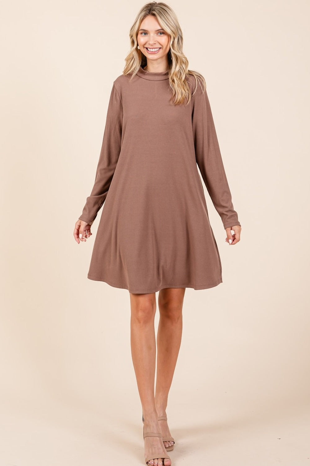 Mittoshop Ready To Go Mock Neck Long Sleeve Dress with Pockets in Cocoa