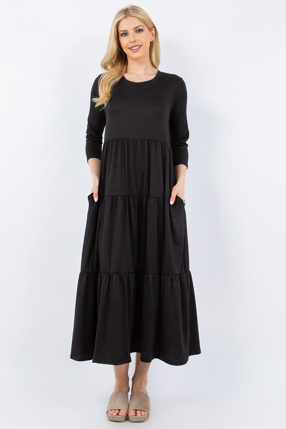 Celeste Dress Up Tiered Midi Dress with Pockets
