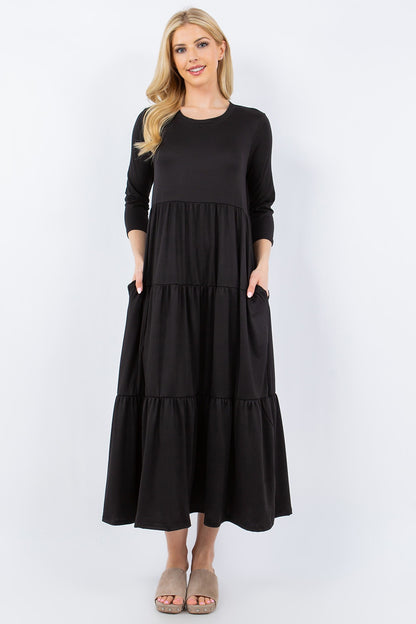 Celeste Dress Up Tiered Midi Dress with Pockets