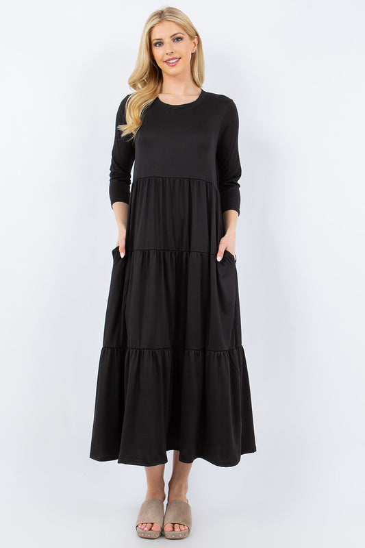 Celeste Dress Up Tiered Midi Dress with Pockets