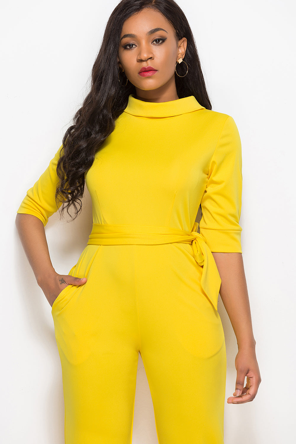Driven Mock Neck Tie-Waist Half Sleeve Jumpsuit with Pockets
