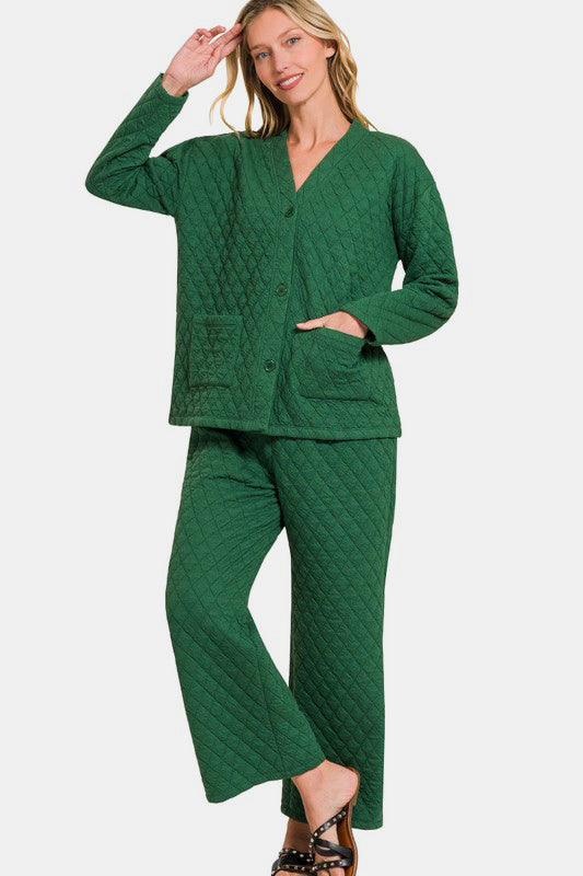 Zenana Quilted Comfort Button Up Long Sleeve Top and Pants Lounge Set in Dark Green