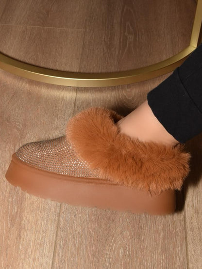 WILD DIVA Fur Real Embellished Faux Fur Platform Booties in Chestnut