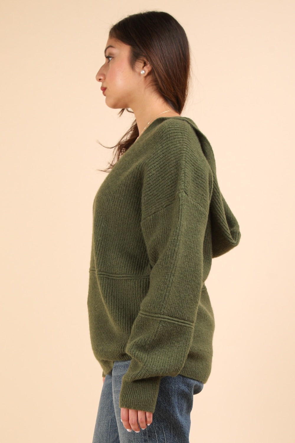 VERY J Keep It Comfy Seam Detail Drop Shoulder Hooded Sweater in Olive