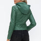 Snobbish Embrace The Day Faux Leather Zip Up Drawstring Hooded Jacket in Sage