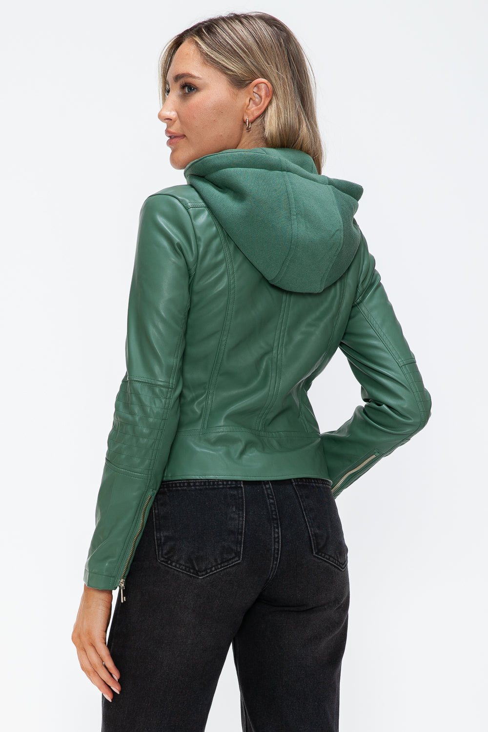 Snobbish Embrace The Day Faux Leather Zip Up Drawstring Hooded Jacket in Sage