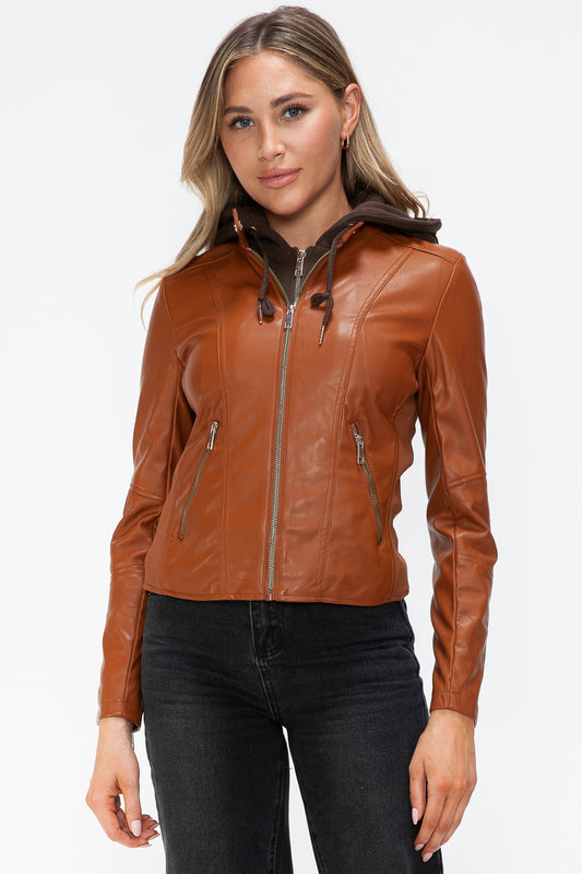 Snobbish Embrace The Day Faux Leather Zip Up Drawstring Hooded Jacket in Camel