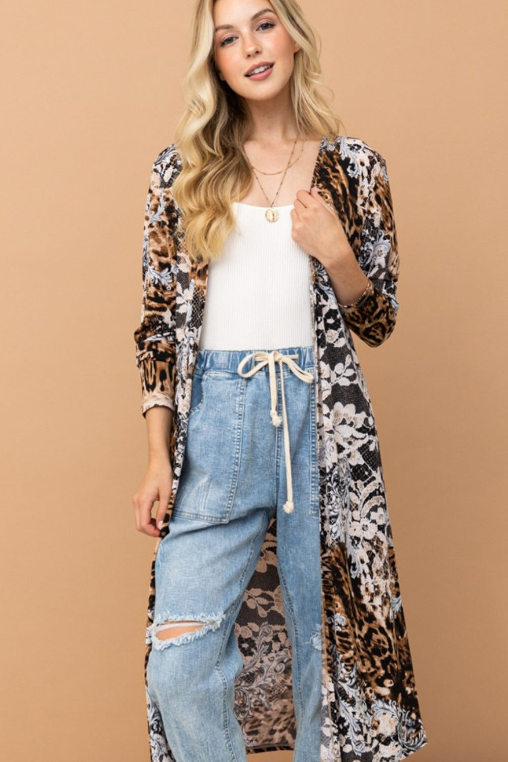 And The Why Wild Muse Leopard Kimono Open Front Longline Cardigan