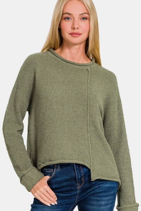 Zenana Wild Wonderland Asymmetric Hem Drop Shoulder Sweater in Light Olive