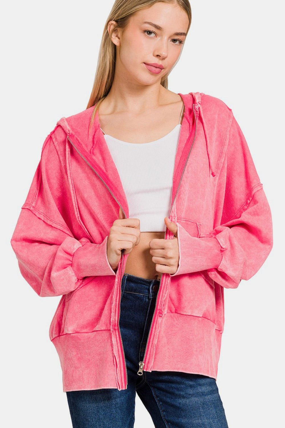 Zenana Acid My Go To French Terry Washed Zip-Up Hoodie with Pockets in Fuchsia