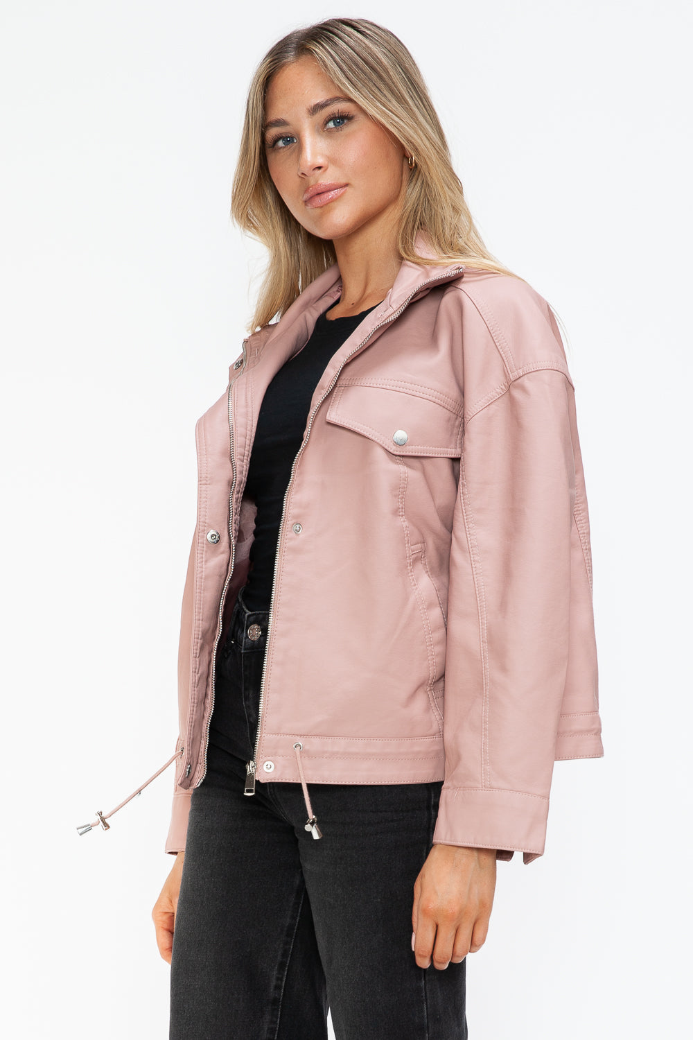 How Dare U My Favorite Layer Drawstring Hem PU Leather Zip Up Jacket in Mauve