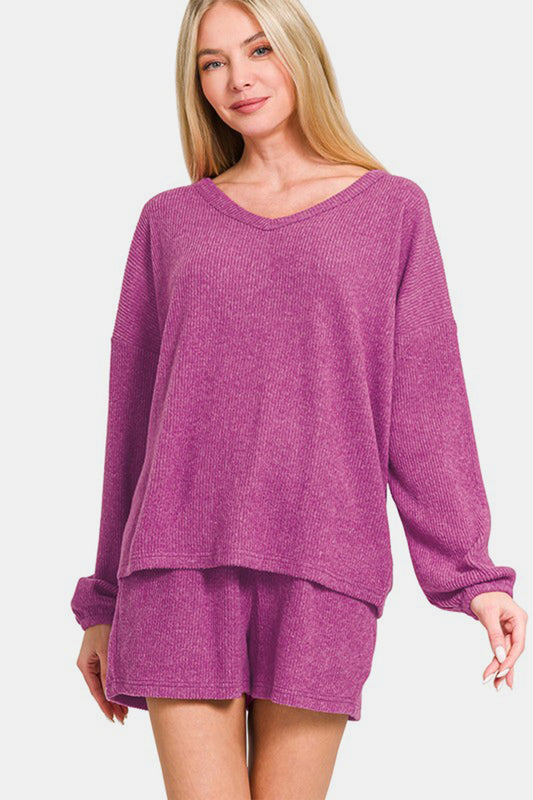 Zenana Collecting Moments V-Neck Long Sleeve Ribbed Top and Shorts Set in Red-Violet