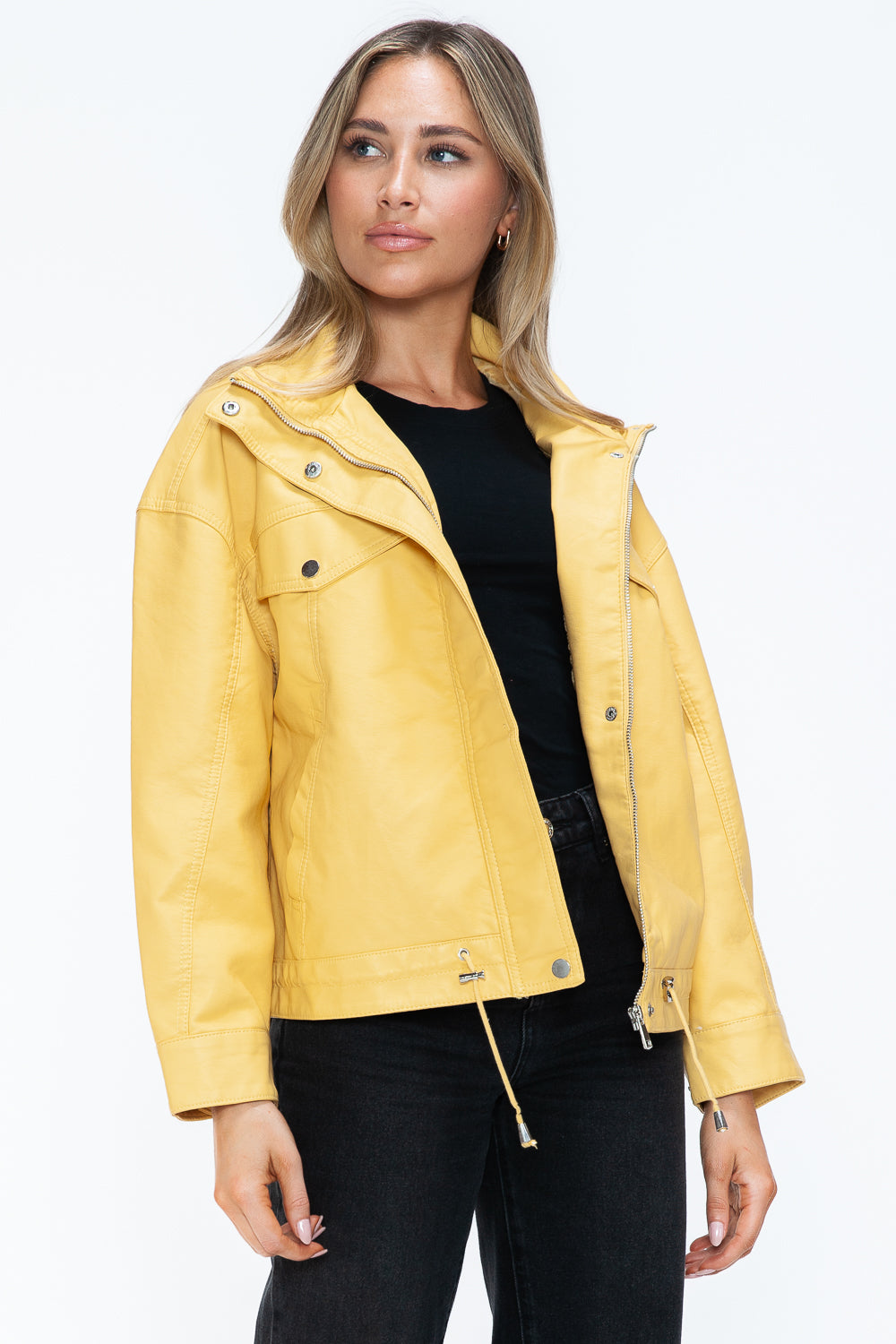 How Dare U My Favorite Layer Drawstring Hem PU Leather Zip Up Jacket in Pale Yellow