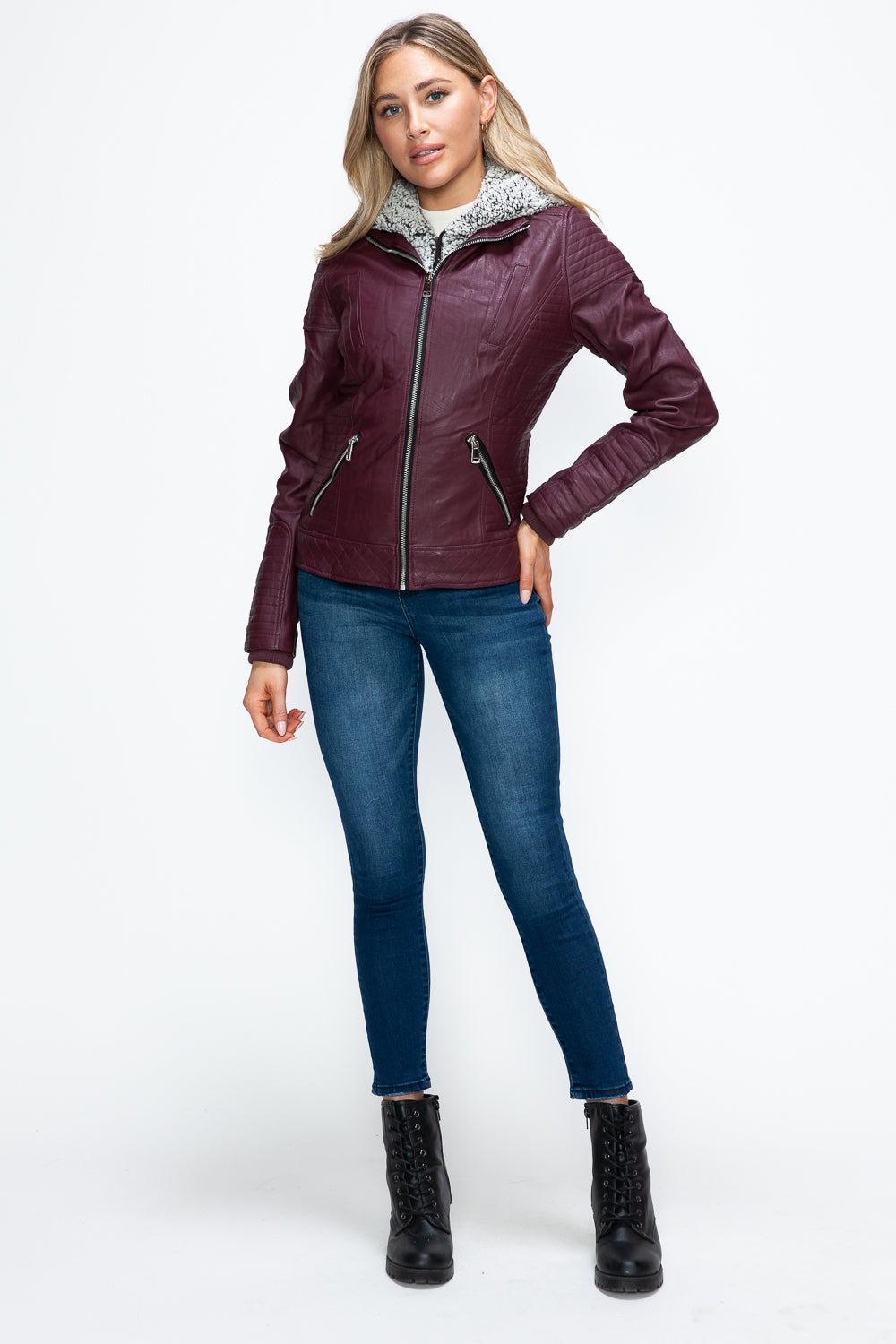 YMI Fuzzy Feels Faux Layered Double-Zipper Jacket with Fuzzy Hood in Wine