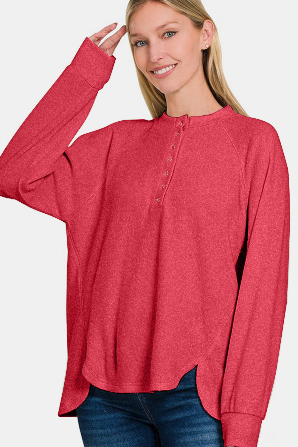 Zenana Mixed Emotions Brushed Melange Hacci High-Low Sweater in Strawberry