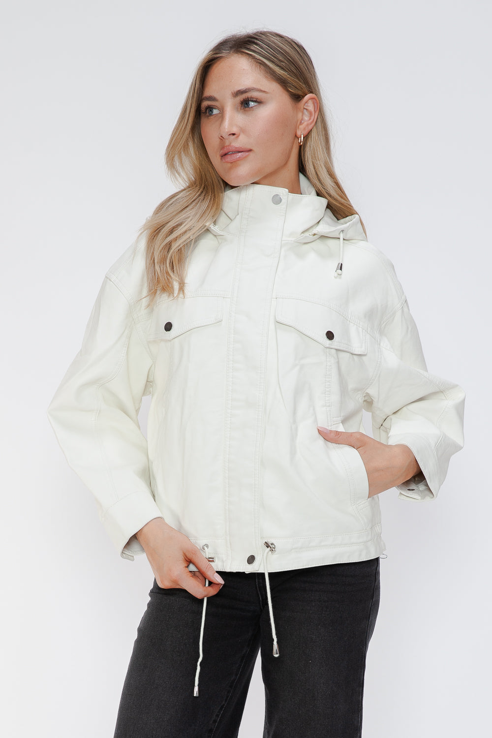 How Dare U My Favorite Layer Drawstring Hem PU Leather Zip Up Jacket in White