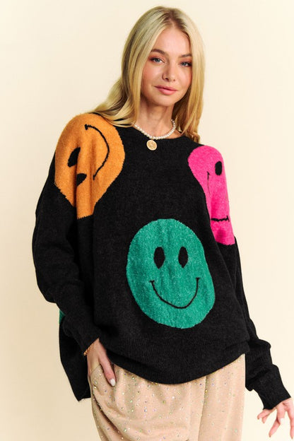 Davi & Dani Cozy Vibes & Big Smiles Contrast Oversize Sweater in Black