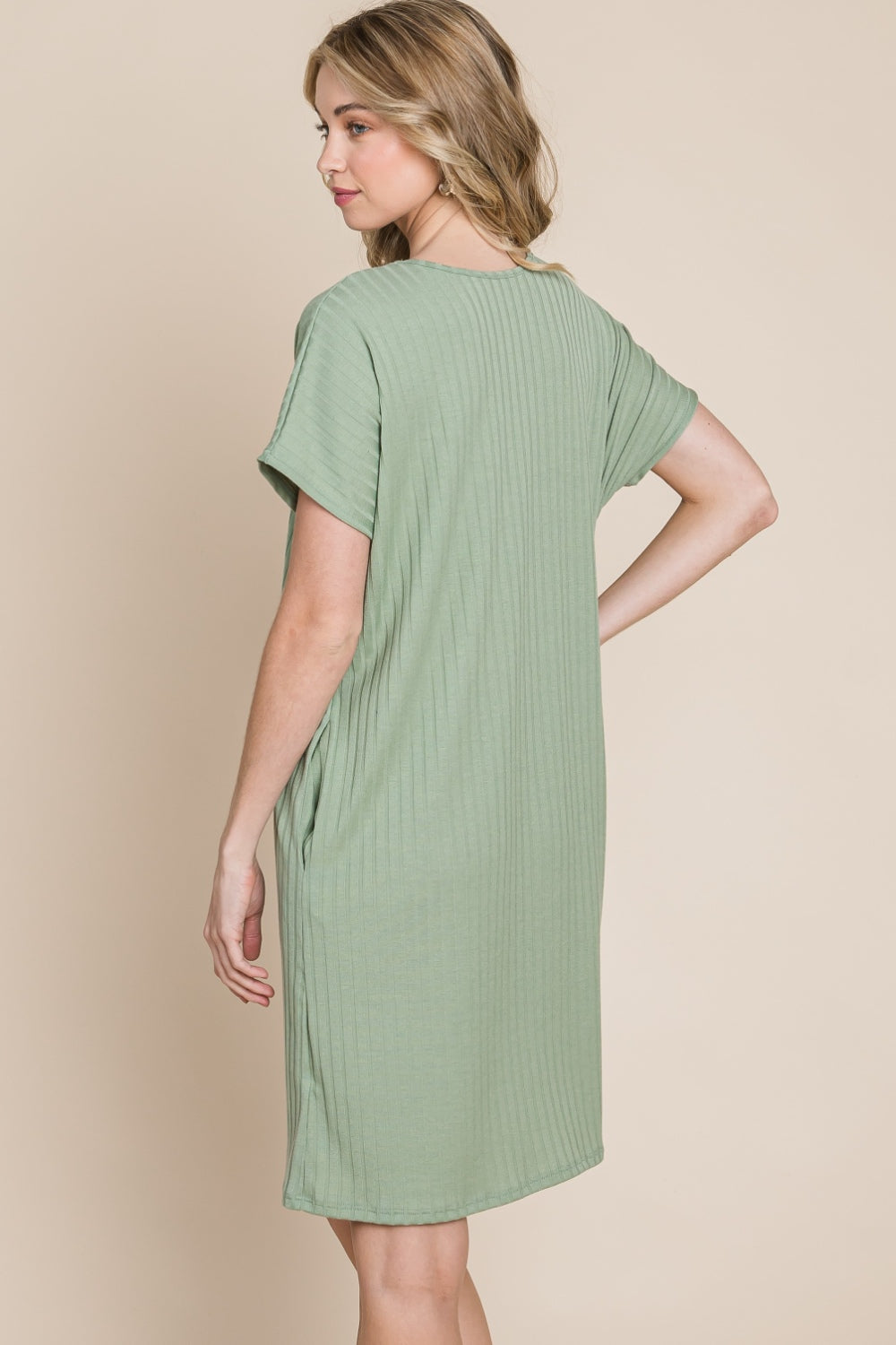 BOMBOM Breezy Day Ribbed Short Sleeve Dress with Pockets