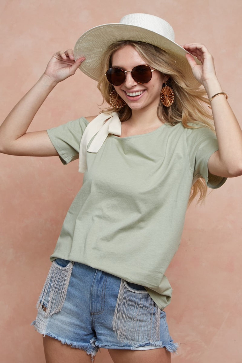 BiBi Embracing Ribbons Tied Ribbon One Shoulder Short Sleeve T-Shirt