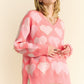 Davi & Dani Hearts of Pearl Side Slit V-Neck Sweater in Pink Multi
