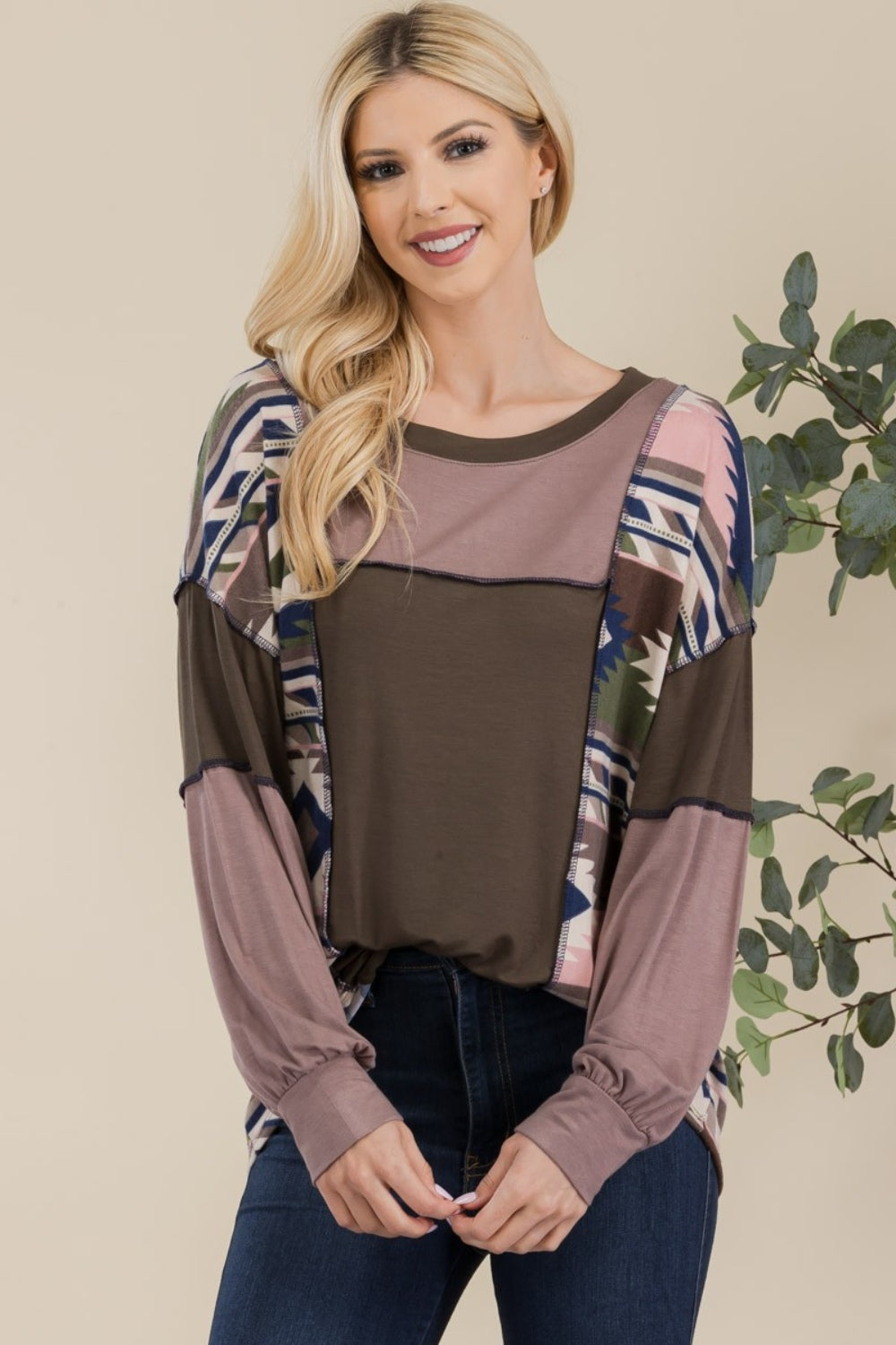 Celeste Simplicity with a Twist Exposed Seam Printed Color Block T-Shirt