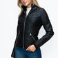 YMI Fuzzy Feels Faux Layered Double-Zipper Jacket with Fuzzy Hood in Black