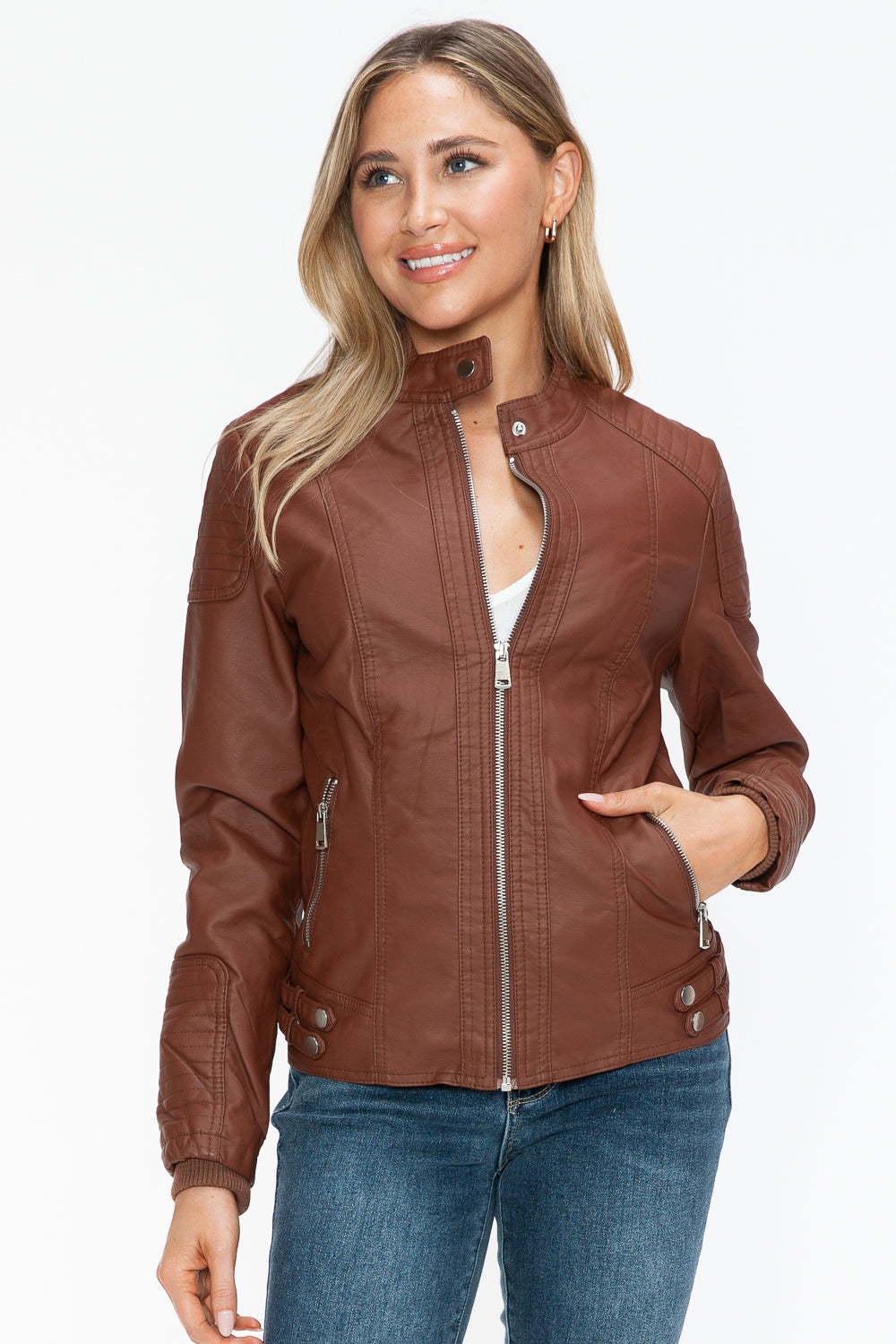 Snobbish A Wild Ride Faux Leather Biker Jacket with Side Zip Pockets in Brandy