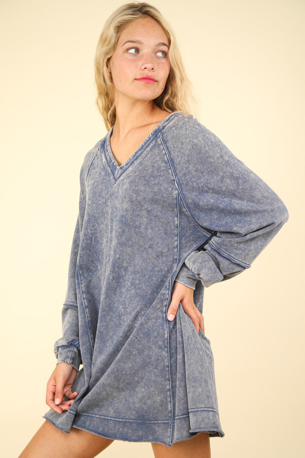 VERY J Oversized Memories Mineral Washed Oversized A-Line Mini Dress in Denim