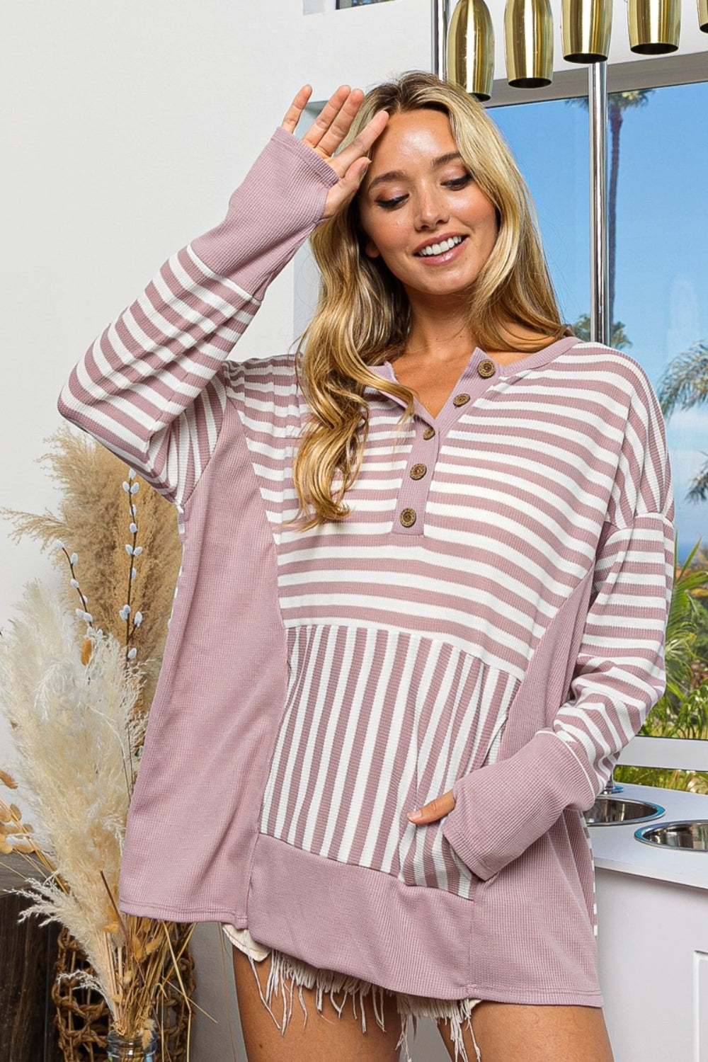 BiBi Born To Roam Striped Thumbhole Long Sleeve Top