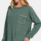 Zenana Cozy Unfiltered Contrast Stitching Brushed Ribbed Hacci Knit Top in Ash Jade