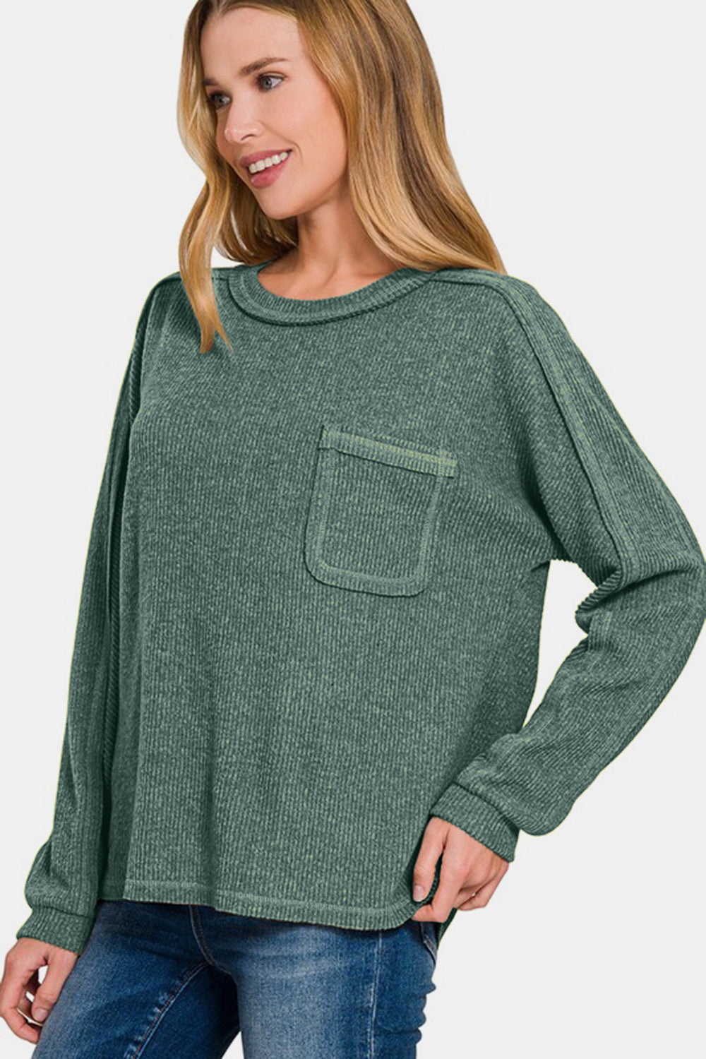 Zenana Cozy Unfiltered Contrast Stitching Brushed Ribbed Hacci Knit Top in Ash Jade