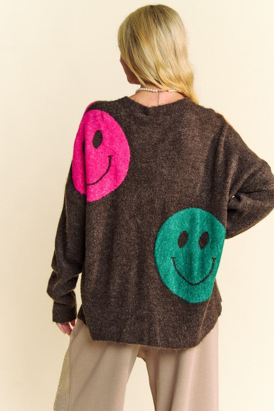 Davi & Dani Cozy Vibes & Big Smiles Contrast Oversize Sweater in Dark Brown