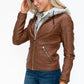 YMI Fuzzy Feels Faux Layered Double-Zipper Jacket with Fuzzy Hood in Rust