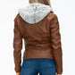 YMI Fuzzy Feels Faux Layered Double-Zipper Jacket with Fuzzy Hood in Rust