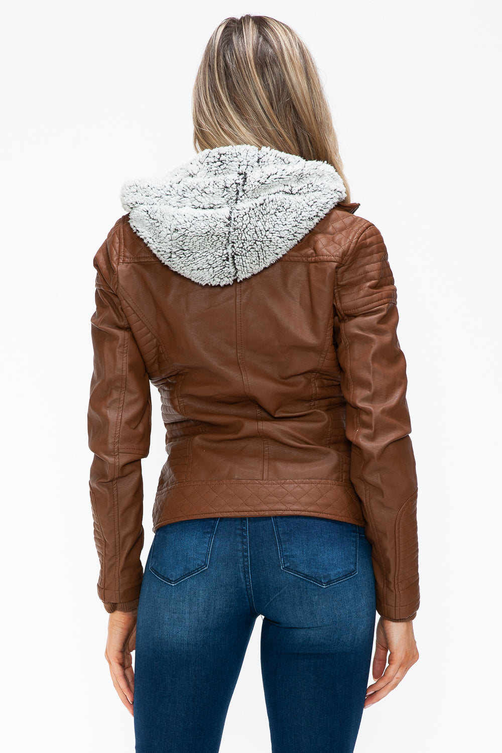 YMI Fuzzy Feels Faux Layered Double-Zipper Jacket with Fuzzy Hood in Rust