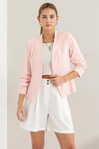 HYFVE Make It Happen Open Front Ruched Sleeve Blazer in Blush