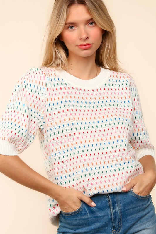 Haptics Vibrant Beauty Half Sleeve Multi Color Knit Top