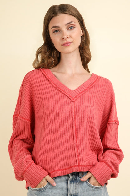 VERY J Knit Happens Exposed Seam V-Neck Ribbed Knit Top in Coral
