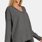 Zenana All About Details Texture Exposed Seam V-Neck Long Sleeve T-Shirt in Charcoal