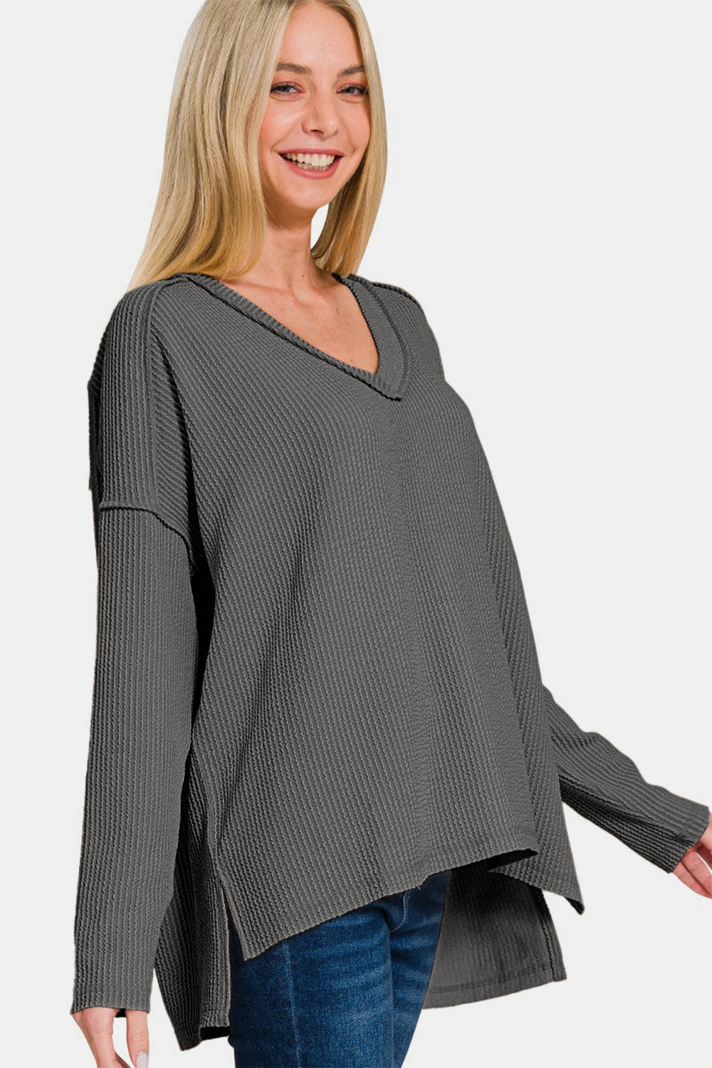 Zenana All About Details Texture Exposed Seam V-Neck Long Sleeve T-Shirt in Charcoal