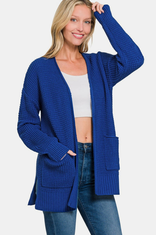 Zenana Chilly Days Waffle Open Front Sweater Cardigan in Light Navy