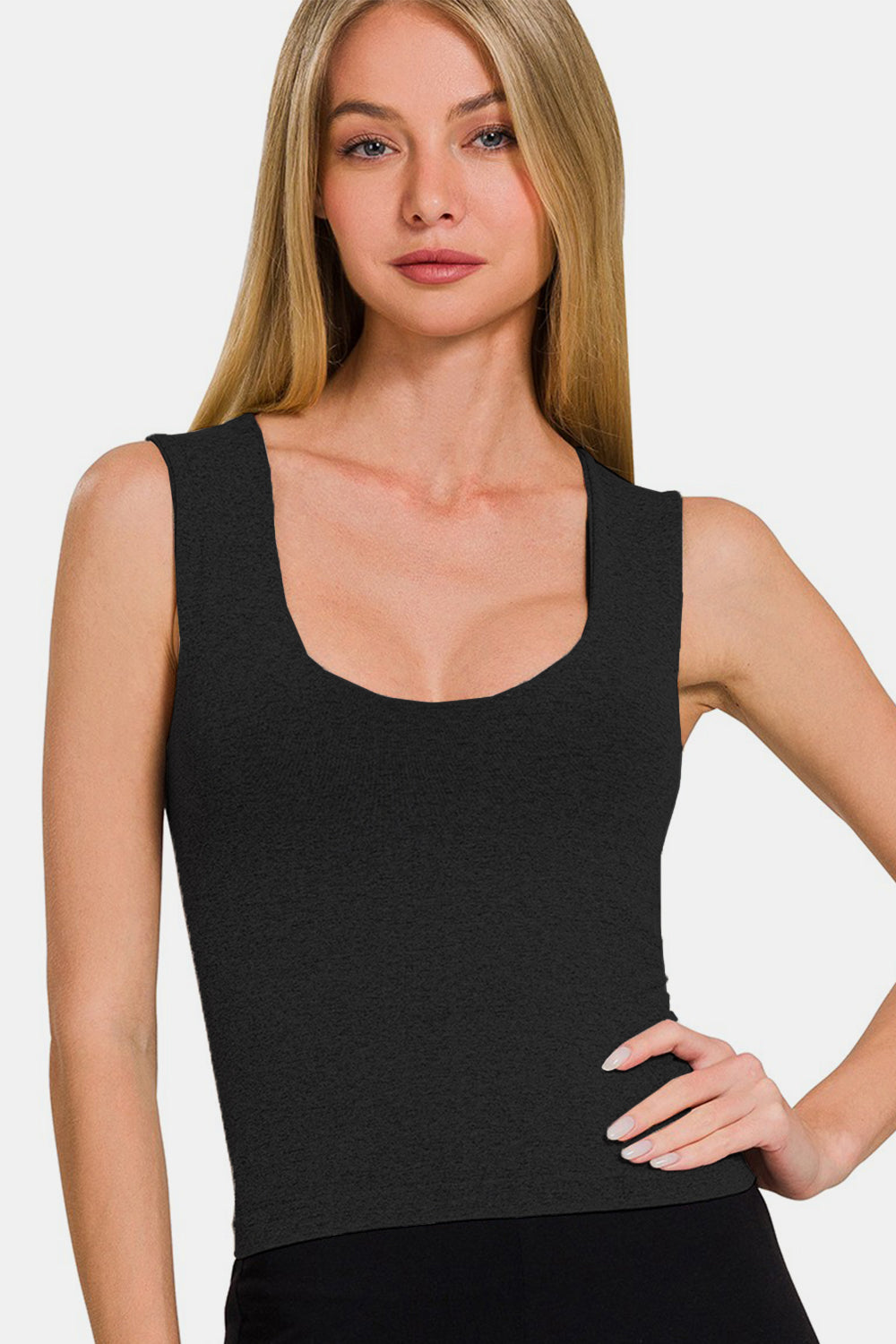 Zenana My Best Vibe Cropped Padded Seamless Tank in Black