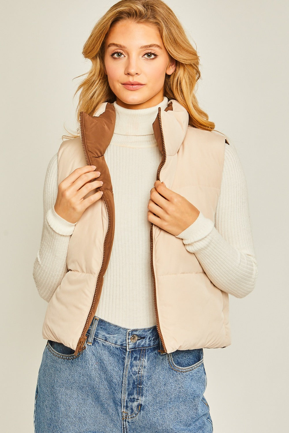 Love Tree Two Faced Zip Up Cropped Contrast Reversible Vest in Cocoa