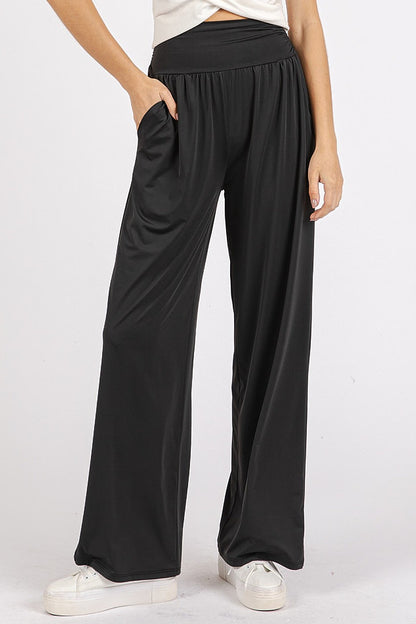 Mittoshop Living for the Flow Stretch Banded Waist Wide Leg Pants with Pockets in Black