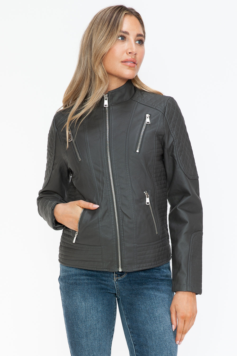 Snobbish Ready To Own The Night Faux Leather Zip Up Mock Neck Jacket in Charcoal