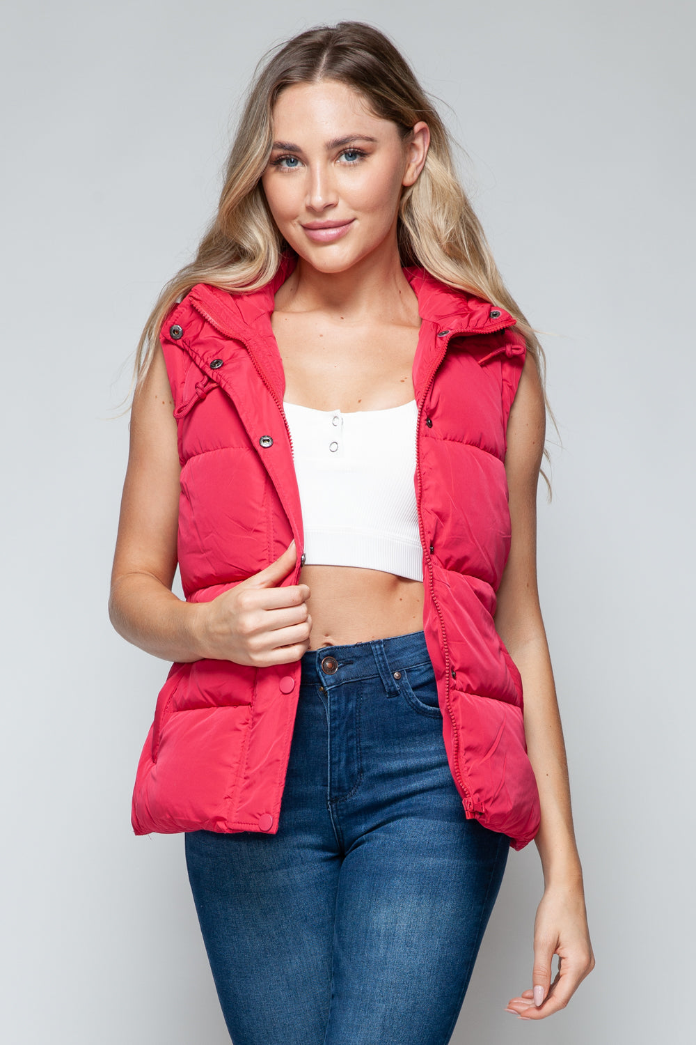 Snobbish Cute and Cozy Snap and Zip Closure Hooded Vest in Magenta