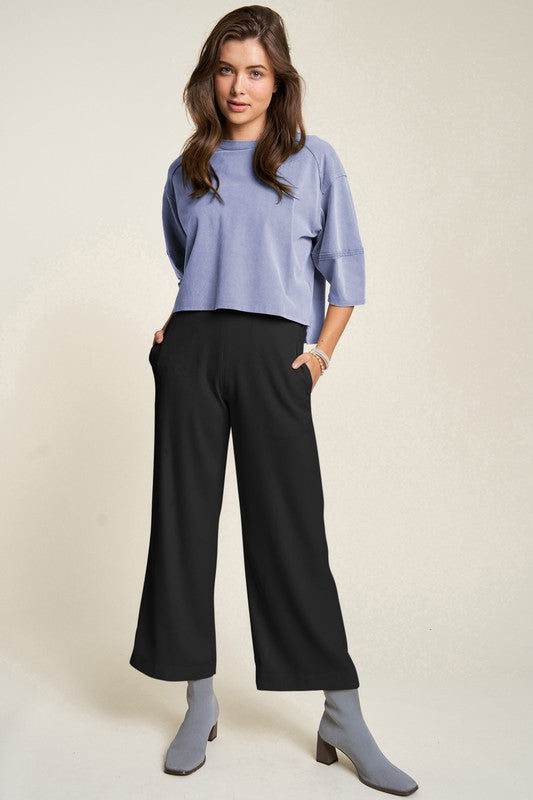 Davi & Dani Wide Awake Wide Leg Mid-Rise Pants in Black