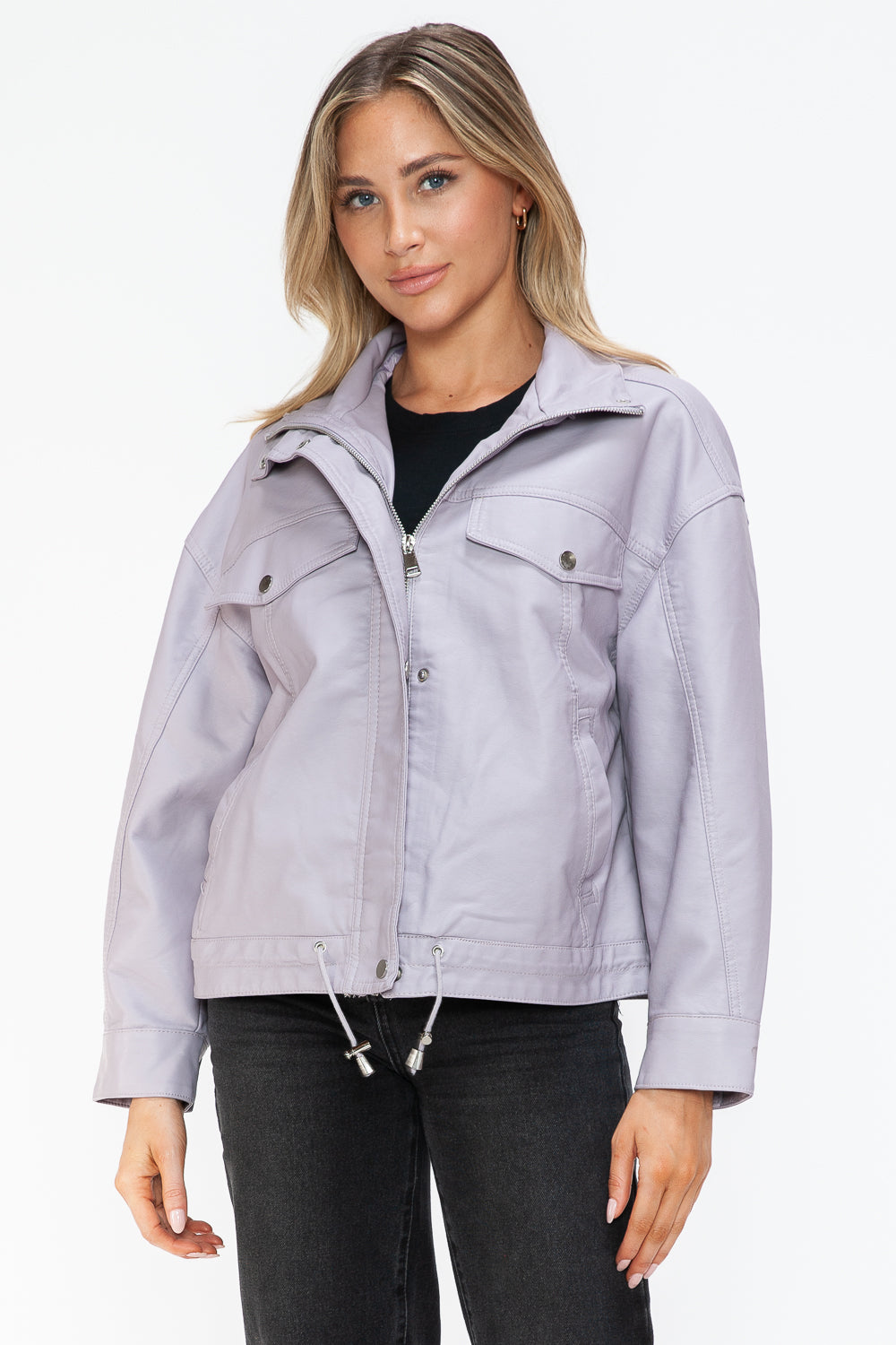 How Dare U My Favorite Layer Drawstring Hem PU Leather Zip Up Jacket in Lilac