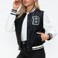 Love Me Now Bring The Love PU Leather Contrast Snap Down Bomber Jacket in Black/ White