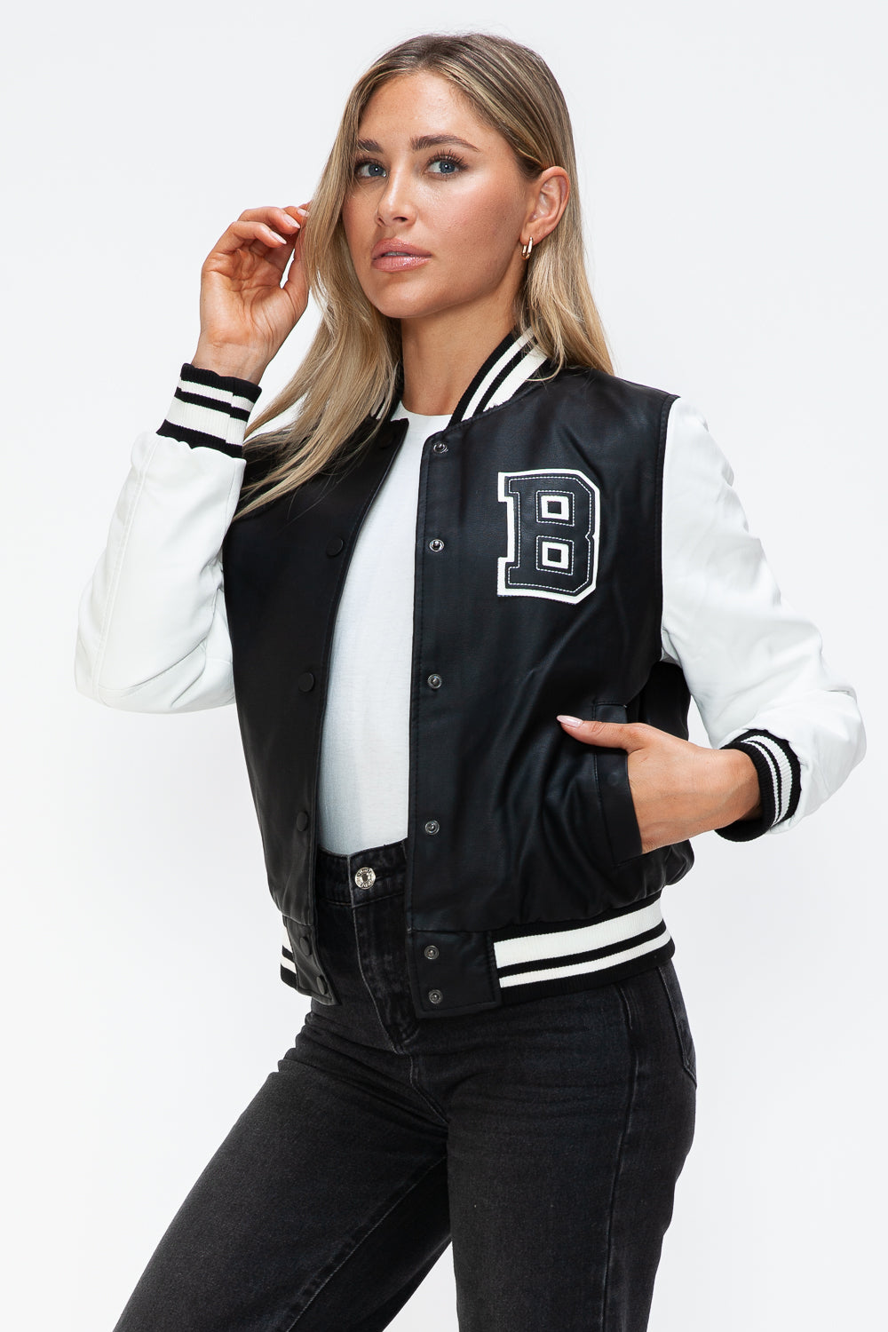 Love Me Now Bring The Love PU Leather Contrast Snap Down Bomber Jacket in Black/ White